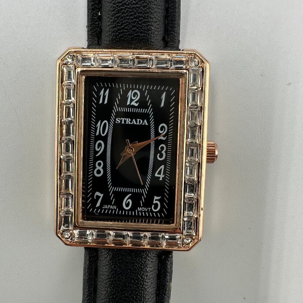 Strada Watch Women Rose Gold Tone Black Dial Crystal Bezel New Battery 9"